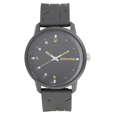 Sonata Quartz Analog Black Dial Plastic Strap Watch for Men-NS77085PP03W/NT77085PP03W