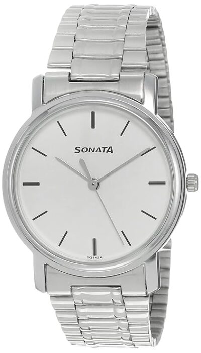 Sonata Quartz Analog White Dial Stainless Steel Strap Watch for Men-NS1013SM01