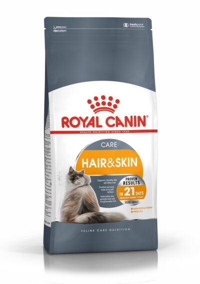 Royal Canin Skin & Hair Care for Adult Cats — 400 g dry kibble specially formulated with amino acids, B‑vitamins, zinc, copper and enriched with omega‑3 and omega‑6 (from borage and fish oils). Supports skin barrier, promotes healthy hair growth, and delivers noticeable improvement in coat shine in just 21 days 