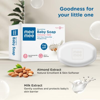 Mee Mee Gentle Baby Soap 75g (Pack of 3) | Gentle Bathing Bar Infused with Chamomile, Olive, Almond Oil, and Milk Extracts | Dermatologist Tested for Soft Baby Skin | Tear-Free Formula | Paraben Free