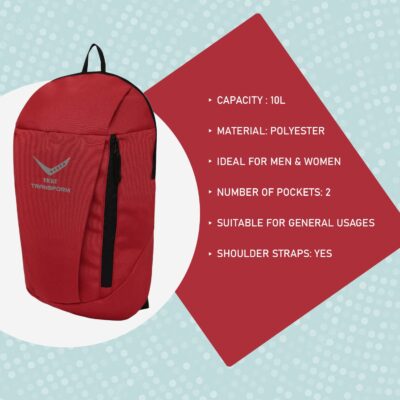 Vicky Transform Backpack 10L Polyester Lightweight Travel 2 Pockets Sports Swimming Outdoor General Purpose Bag Fitness for Men & Women (Red)