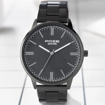 Sonata Poze Quartz Analog Black Dial Metal Strap Watch for Men