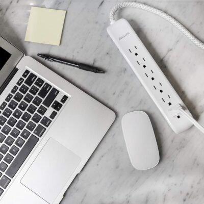 Philips 6 Outlet Power Strip Surge Protector, 6 Ft Power Cord, Designer Braided Extension Cord, Flat Plug, Perfect for Office or Home DÃƒ©cor, 1080 Joules, White, SPC3054WA/37