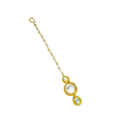 Round Kundan Bridal Maang Tikka, Pearl Chain, Gold-Plated Traditional Head Jewellery For Girls and Women