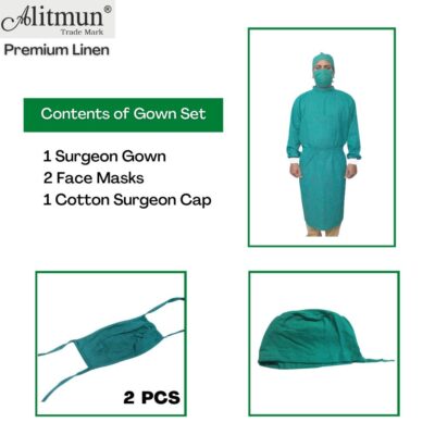 ALITMUN Cotton Surgeon Gown Set with 2 Face Masks & Cap | Reusable & Washable | Green | Unisex