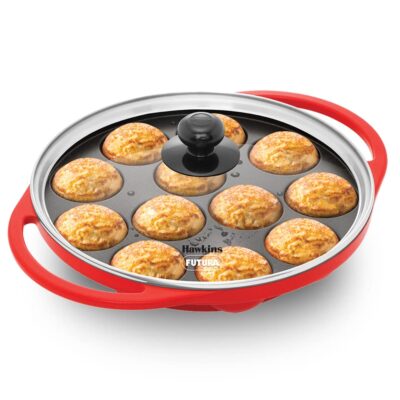Hawkins 26 cm Appe Pan, Non Stick Paniyaram Pan with Glass Lid, 12 Cups Paniyarakkal Ceramic Pan, Red (NAPE26G)