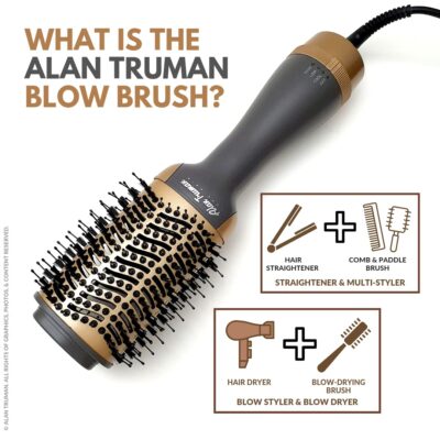 Alan Truman The Blow Brush is a lightweight 6-in-1 multi-styler with 1100W of power, a gold ceramic barrel, and two-layered bristles for salon-like, frizz-free blowouts at home. It's suitable for all hair types and offers three temperature settings.