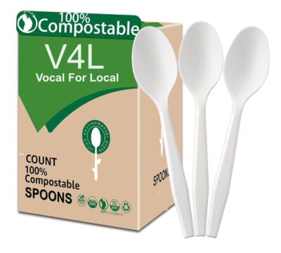 Compostable Spoons 25 Pack Disposable CPLA 6.2 in Compost Eco-Friendly Cornstarch Cutlery Heat Resistant Heavyweight Spoons for Parties, Catering Services, Gatherings Pack of 25
