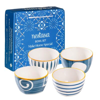 Nestasia 350ml Ceramic Bowl Set of 4 – White & Blue Snack, Rice, Salad & Serving Bowls | Microwave, Oven & Dishwasher Safe | BPA & Lead-Free Premium Dinner Bowls (Gift Pack)