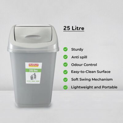 RATAN PLASTICWARE Tidy Bin with Swing Lid 25 Litres Plastic Dustbin, Trash Bin, Garbage Waste Bin For Home, Bathroom, Kitchen, Office, Bedroom Grey Color