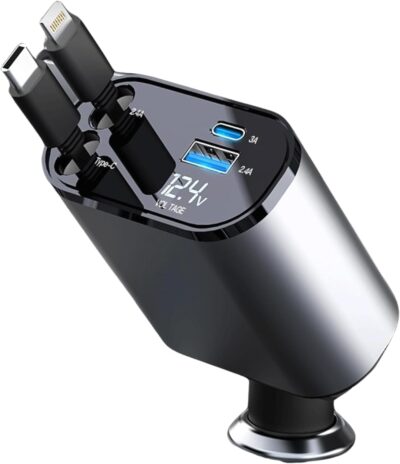 Retractable Car Charger, 4 in 1 Super Fast Car Phone Charger 120 W, Retractable Cables and 2 USB Ports Car Charger Adapter, for iPhone 15/14/13/12/11, Galaxy (Type C) Silver