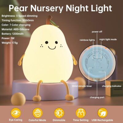One94Store Rechargeable Silicone Pear Night Lamp – Touch Control Color-Changing LED Light with 7 Colors | Kids’ Bedroom Décor | Ideal Baby Gift (Warm White)