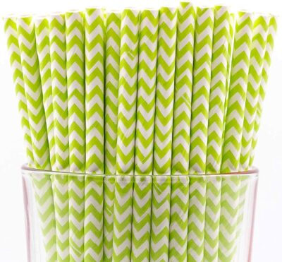 CHOCO DECOR Disposable Paper Striped Straws - Green Striped Color (6 mm)- Pack of 100 Pcs