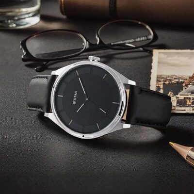 Titan Workwear Quartz Analog Black Dial Black Leather Strap Watch for Men - NT1802SL11