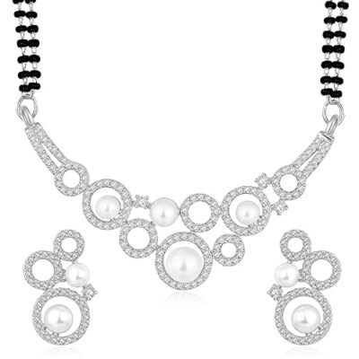 Cubic Zirconia & Pearl Studded Pendant Mangalsutra Earring Set Fashion Jewellery Anniversary Gift for Women