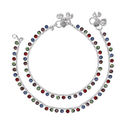 Fashion Jewelry Anklets for Women: Rhodium Plated Rainbow Bliss: Colorful Crystals Enhanced Lightweight Anklets for a Playful Look for Girls and Women-OSAK007-IRMC ANKLET