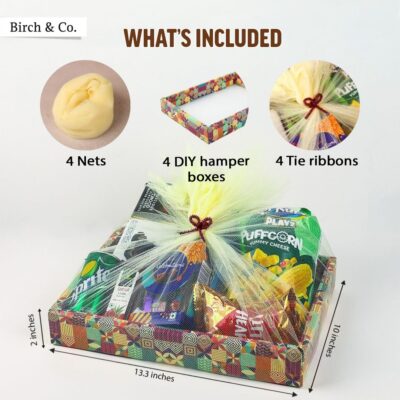 Birch & Co. Gift Box Set of 4 – Decorative Folding Paper Gift Boxes with Tie Ribbons & Nets | Birthday, Women’s Hampers, DIY Gift Packing (Multicolor)