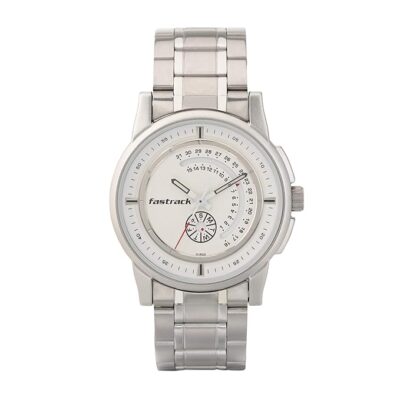 Fastrack Go Skate Quartz Analog with Day and Date White Dial Silver Stainless Steel Strap Watch for Guys - NT3215SM01