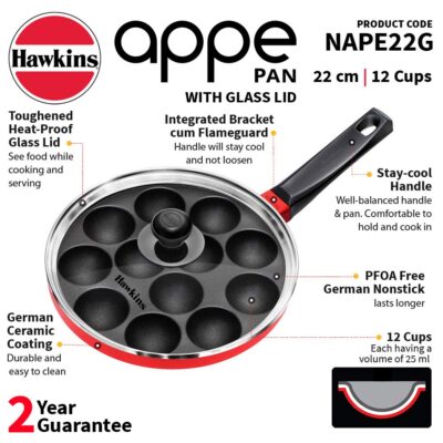 Hawkins Nonstick Appe Pan with Glass Lid, 12 Cups, Diameter 20 cm, Black , Cast Aluminium, Red (NAPE20G)