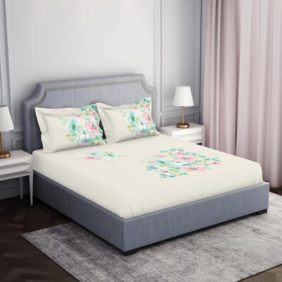 SPACES 100% Cotton Double Bedsheet with 2 Pillow Covers (Size 108 x 108 inch) | 210 TC Bed Sheet for Double Bed | Breathable Pure Cotton King Size Bedsheet | Vivant | Floral Cream