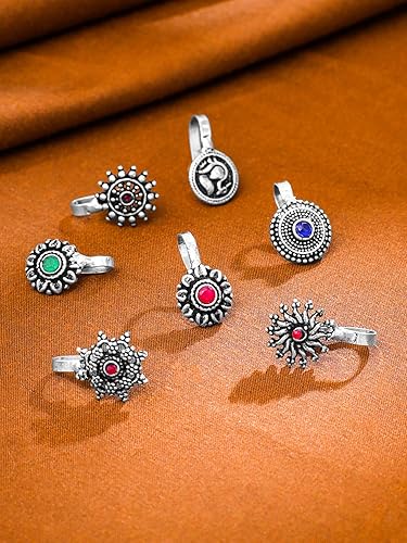 Nose Pin for Women and Girls | Traditional Silver Oxidised Nose Pin Without Piercing | German Silver Nose Pin Set | Floral Shaped Nosepin Combo | Accessories Jewellery for Women | Birthday Gift for Girls and Women Anniversary Gift for Wife