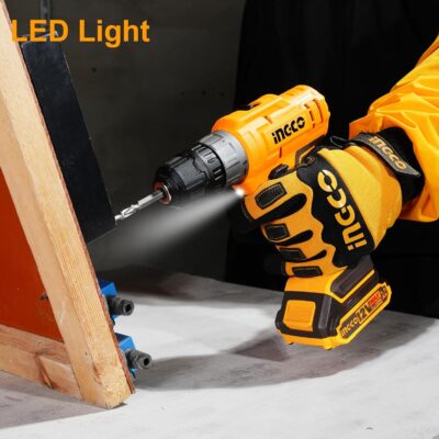 Ingco 12V Cordless Drill With 2 Pcs Batteries, Charger, Plastic Chuck, 1 Pcs Drill Bit, 25Nm, 1500 Rpm, 0.8-10Mm, 5+1 Torque, Variable Speed, Led, Yellow, Brown