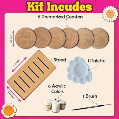 Madhubani Painting Kit Tea Coasters with Stand - Art and Craft kit for Girls 9-12, Coaster DIY Craft Kit, Painting kit for Kids 6-12, Gift for Children's (Multicolour Wood)