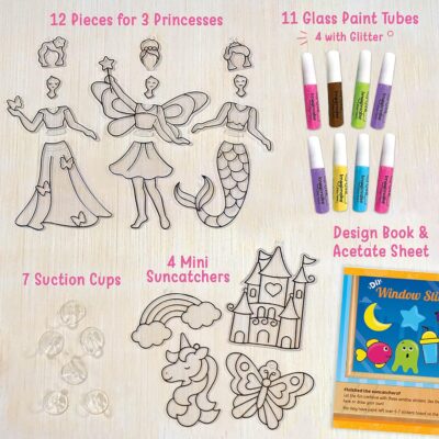 Window Art - Princess - 16 Pieces Glass Painting Set - Princess, Mermaid, Unicorn Designs - Craft Kit for Girls 5 Years & Above - Multicolor