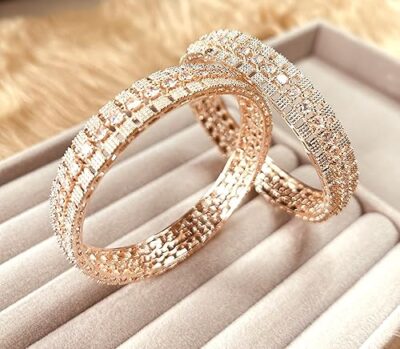 Elegant Rose Gold Crystal BangleS, Rhinestone Encrusted Design, Fashion Jewellery, Set of 2