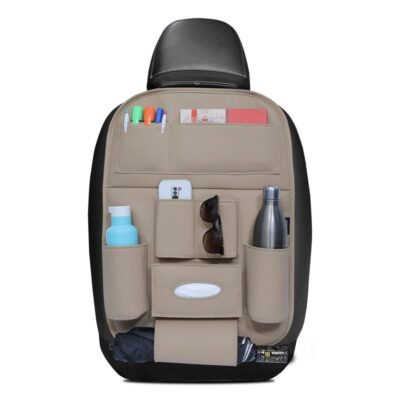 Seat Master Lite' Premium 7D Car Seat Organizer, Universal Fit, Multi-Pocket Storage for Bottles, Documents, Mobile, Keys, Tissues (Color: Beige) (Set of 1)