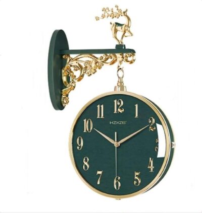 Metal Luxury Look Round Wall Hanging Watch Indoor/Outdoor Roman & English Numbers Double-Sided Hanging Analog Clock with 360-Degree Round Wall Hanging Watch Double Sided 2 Faces (W3-Green)