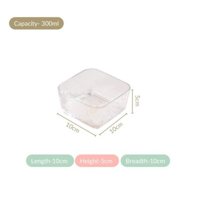 Nestasia Square Glass Bowls Set of 4 – 300 ml Each (Transparent, Hammered Texture)