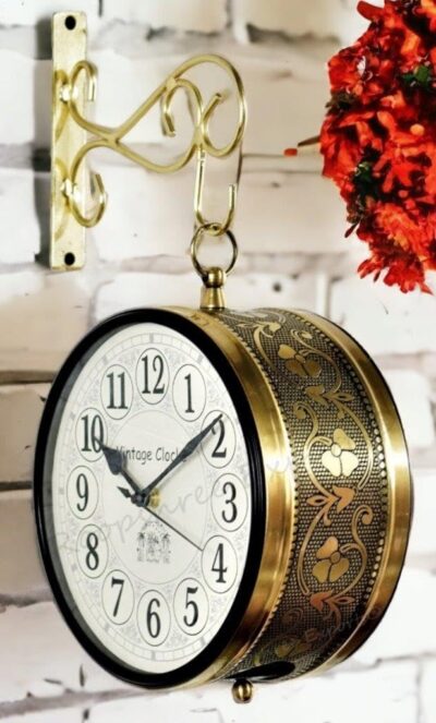Handcrafted Double Side Analog Wall Clock 1 Year Warranty / 65091-6-HH, Iron, 15x15 cm, Two Side English Numbers, gold
