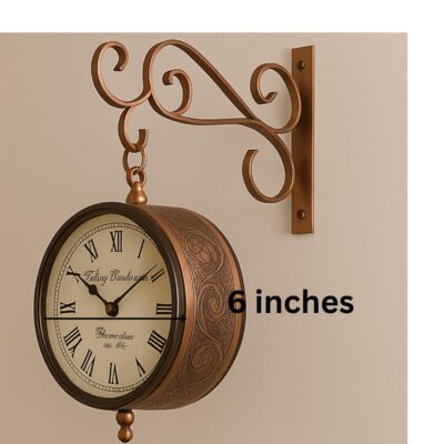 Railway Clock Analog Double Side |Copper Finish 6-Inch Dial | One Side Numbers, Other Side Roman |Hanging Wall Clock | Handcrafted Home Décor Gift | 15x15 cm
