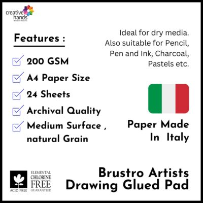 BRUSTRO Artist Drawing Glued Pad | A4, 200 GSM, 24 Sheets | Natural Grain Paper for Charcoal, Colored Pencils, Gouache, Pen, Pastels & Ink | Acid-Free