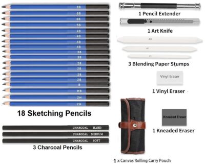 Corslet 28-Piece Drawing & Sketching Pencil Set | Graphite & Charcoal Pencils with Blending Tools, Erasers & Canvas Roll Pouch | Professional Art Supplies Kit for Kids, Beginners & Artists