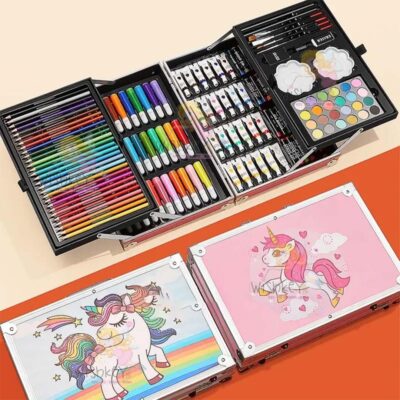 WISHKEY 145-Piece Unicorn Theme Art Set for Kids | Drawing & Painting Kit with Storage Case, Oil Pastels, Watercolors, Color Pencils, Sketch Pens & Accessories (Pink)