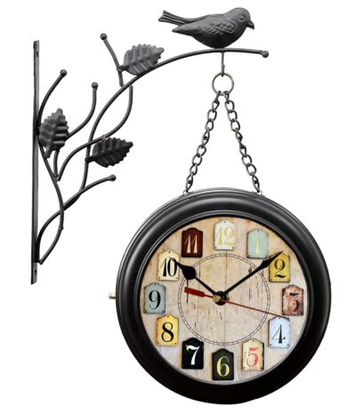 Traditional 25 Cm Vintage Double Sided Antique Station Clock With Black Bird Round Metal Body (Design Ant12) - Analog