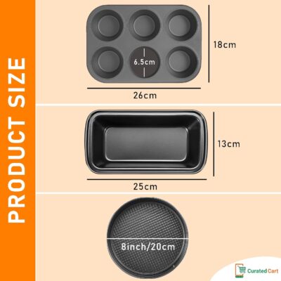 Curated Cart Premium Cake Making Set – Carbon Steel Baking Combo for Microwave, OTG & Dishwasher Safe (6-Cavity Muffin Tray + Rectangle Bread Tin + Springform Cake Mould)