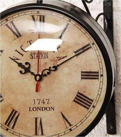 Metal London Vintage Victoria Double Sided Station Analog Wall Clock With Dial (Black, Brown, 8 Inches Dial Size)