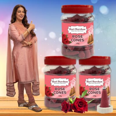 Hari Darshan Rose Dhoop Cones | Organic, Non-Charcoal & Bamboo-Free | Long-Lasting Rose Fragrance for Pooja, Meditation, Yoga & Relaxation | Pack of 3 (125g Each, ~75 Cones per Jar)
