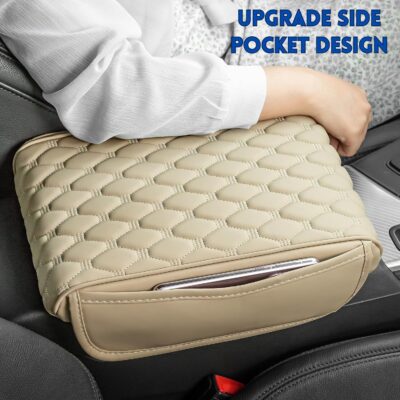 RT6 Universal Car Center Console Cover Armrest Cushion Pad Pillow with 2 Storage Side Pockets, Memory Foam, Leatherite, Interior Accessories Fit for All SUV's (1 Pcs-Beige)