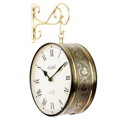 Metal Analog Double Sided Vintage Station Wall Clock with Brass in dial (Golden, 10 Inches)
