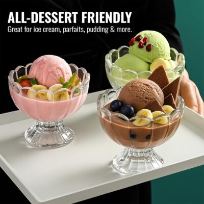 Birch & Co. Ice Cream Glass Bowl Set – 140 ml, Set of 6 (Clear Glass, Scallop Design)