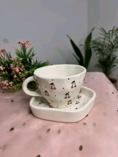 THE MOON STORE Ceramic Coffee Cup and Saucer Set, Cherry Pattern Design, White, 250ml for Gift Aniversary and Birthday