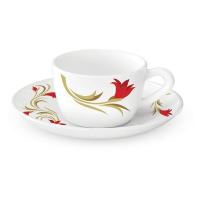 Larah By Borosil - Red Lily (LH) Opalware Cup and Saucer Set, 145ml, 12-Pieces, White and Red Lilly