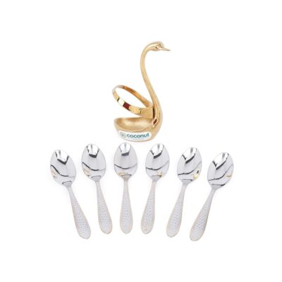 Coconut Stainless Steel Spoon Set | Premium Gold-Polished Cutlery with Swan Stand | Set of 6 Spoons for Dining Table | Elegant, Rust-Free Tableware
