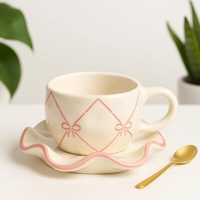 The Deluxe Creations Handmade Ceramic Cup & Wavy Saucer Set – Pink Ribbon Design – Microwave & Dishwasher Safe – Aesthetic Gift for Her, Coffee or Tea Lovers