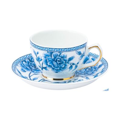 GOLDEN QUEEN'S Cup & Saucer Set | Perfect for Hosting & for Tea/Coffee Lovers | Handcrafted in India, 24-Carat Gold on Rim | 6 Cups, 6 Saucers & 6 Spoons |170 ml - Sapphire Bloom