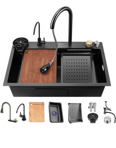QUALITO 24x18 Multifunction Kitchen Sink | Waterfall | All In One Kitchen Sink | Multifunctional Sink for Kitchen | 24x18 Black Stainless Steel Kitchen Sink